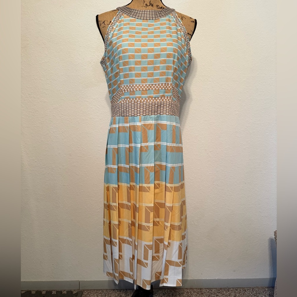 Sleeveless halter neck dress with blue, yellow and cream medium